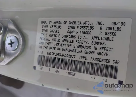 2010 Honda Accord 3.5 Ex-L из США, поврежденный, VIN 1HGCP3F84AA002077